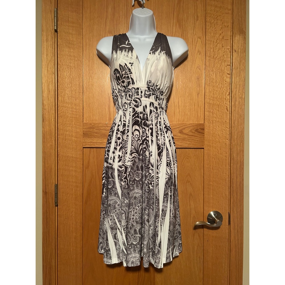 Vintage Y2K Black White Floral Paisley Halter Dress Smocked Medium Boho Chic